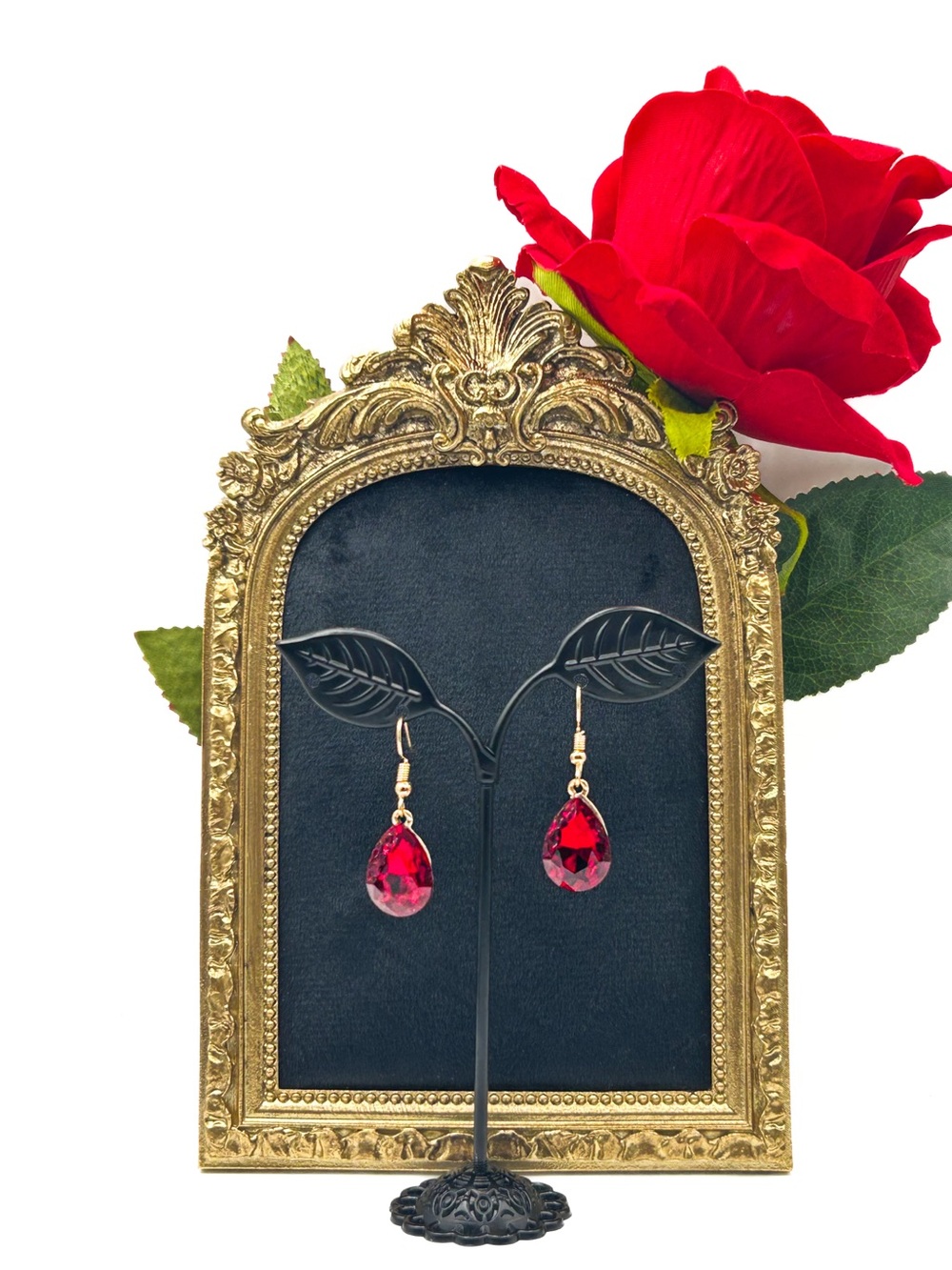 Vintage Style Ruby Red Crystal Teardrop Earrings, Gold Tone Faceted Pear Shape